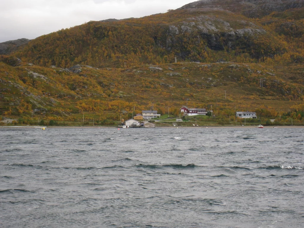 Die Bucht bei Sandneshamn , Bogebukt , hinten rechts liegt das Ferienhaus
